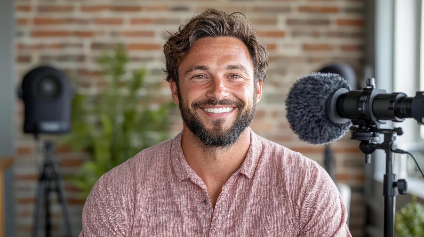 Creating engaging online content, man smiles confidently in modern studio setting photo