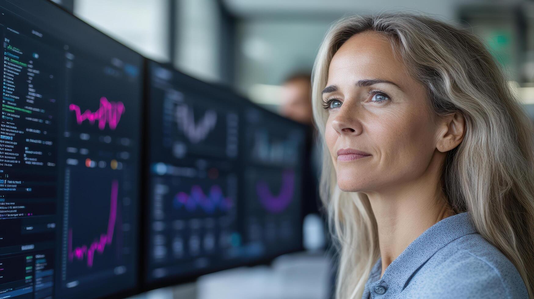 focused professional analyzing data multiple screens, showcasing modern technology and analytics photo