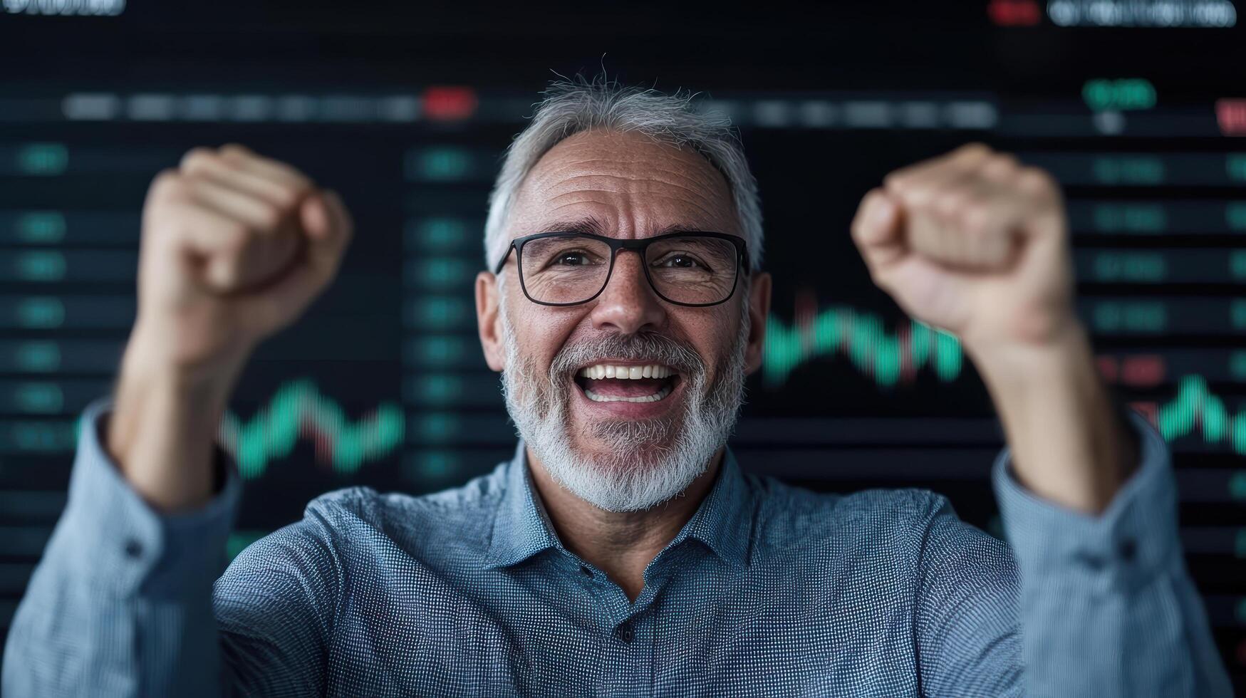 Successful investor celebrating with excitement and joy in front of stock market data photo