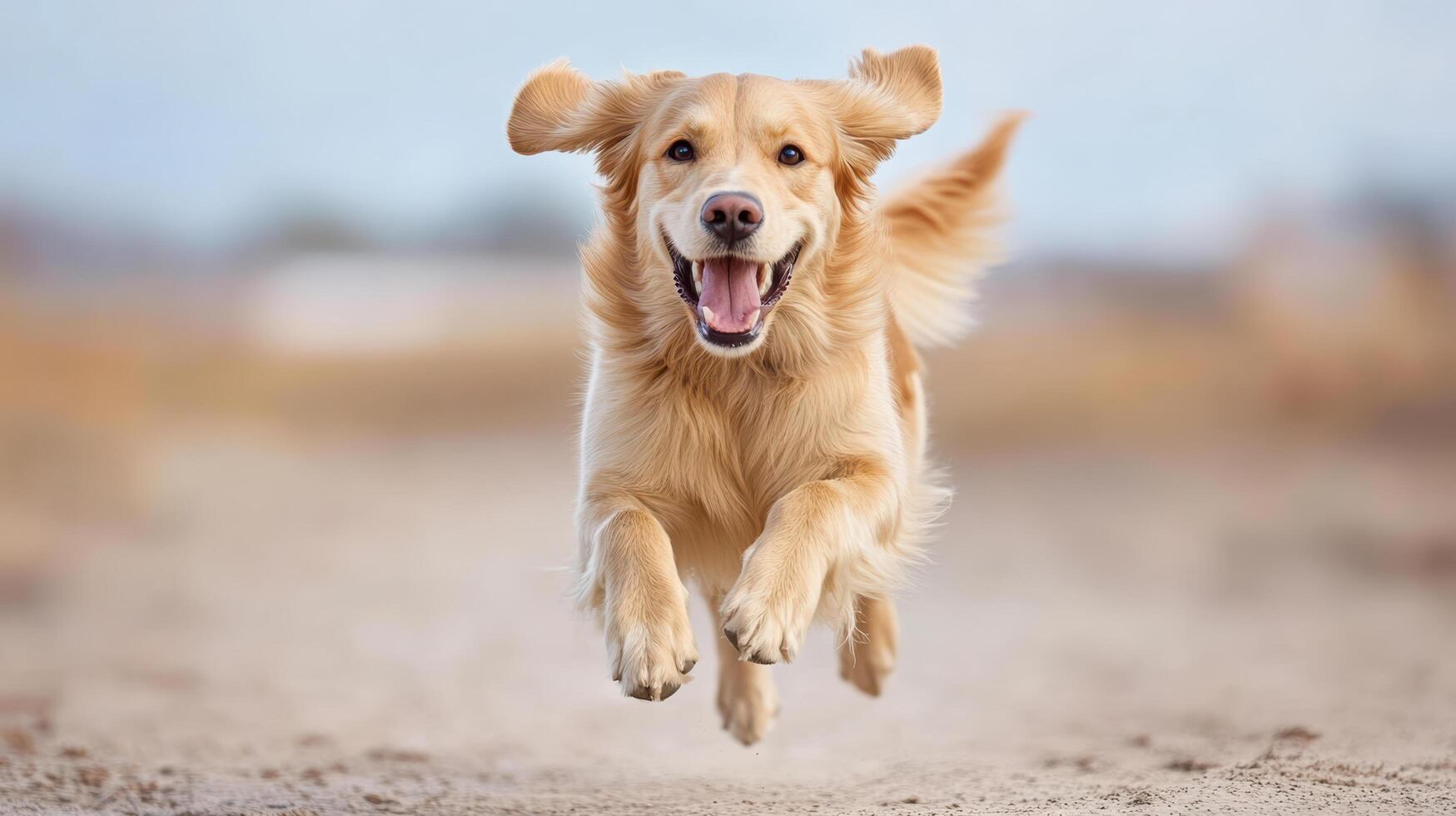 joyful dog running freely in open area, showcasing its playful spirit and excitement photo