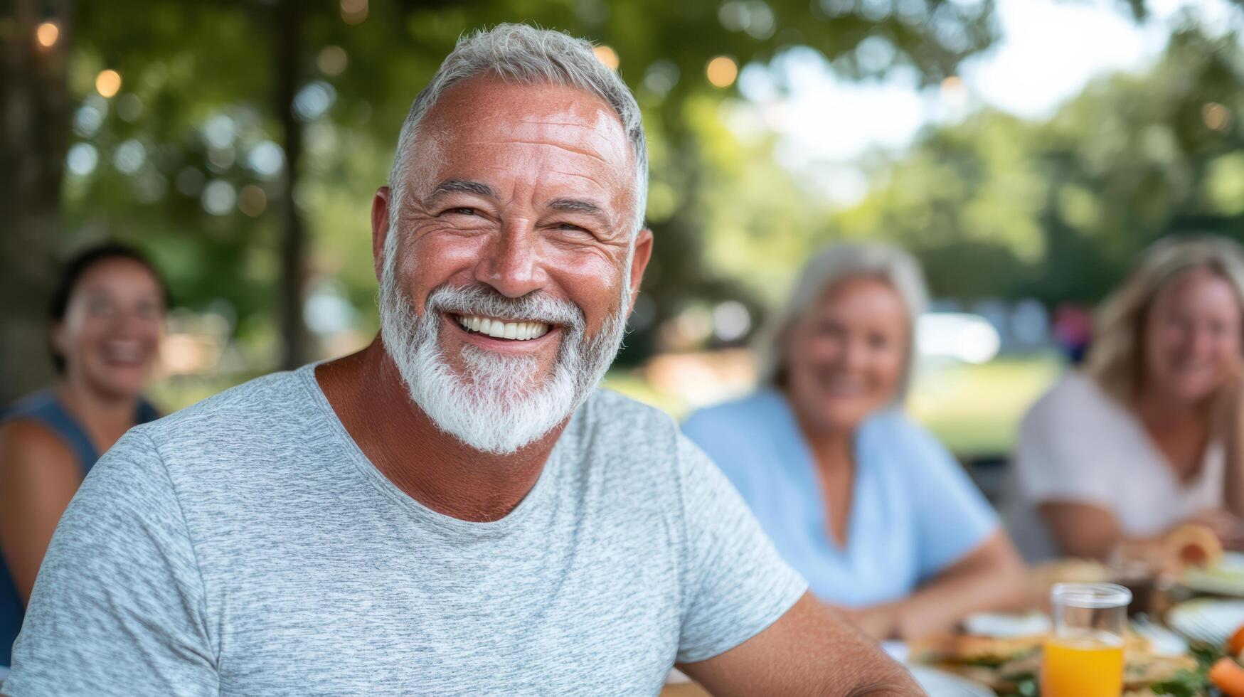 Smiling man enjoying meal with friends in park, surrounded by greenery and laughter photo