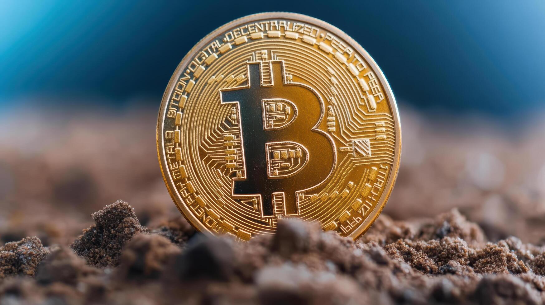 stunning visual of Bitcoin coin resting on textured soil, symbolizing growth and investment photo
