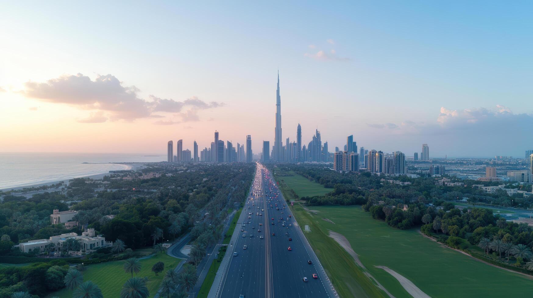 stunning aerial view of vibrant city skyline featuring tall skyscraper, with road lined by photo