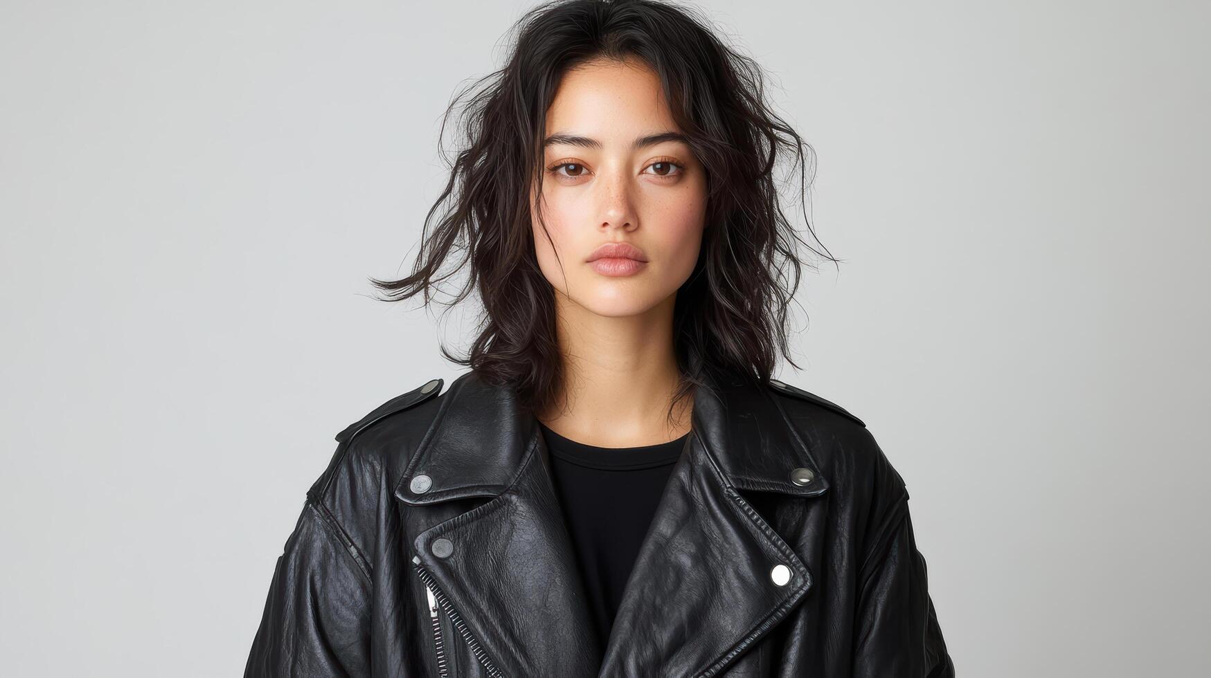 confident model showcases stylish black leather jacket, exuding modern fashion vibes photo