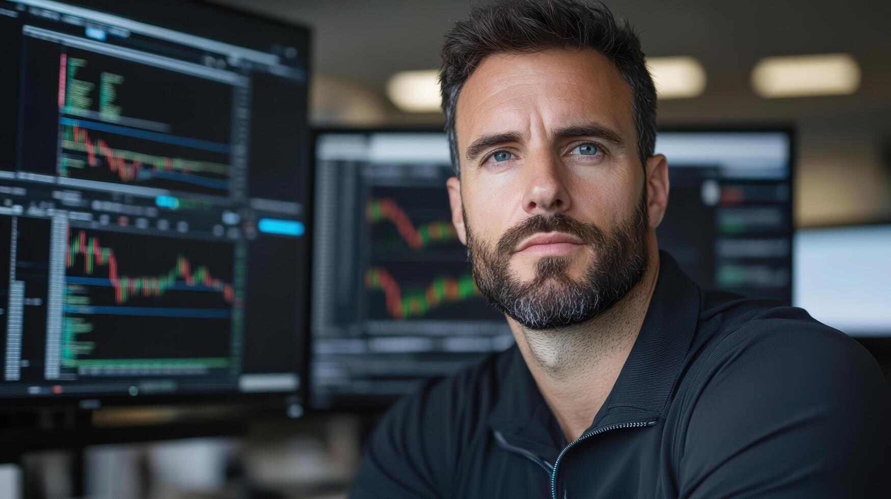 Professional financial trader analyzing stock indices with multiple screens displaying data and photo