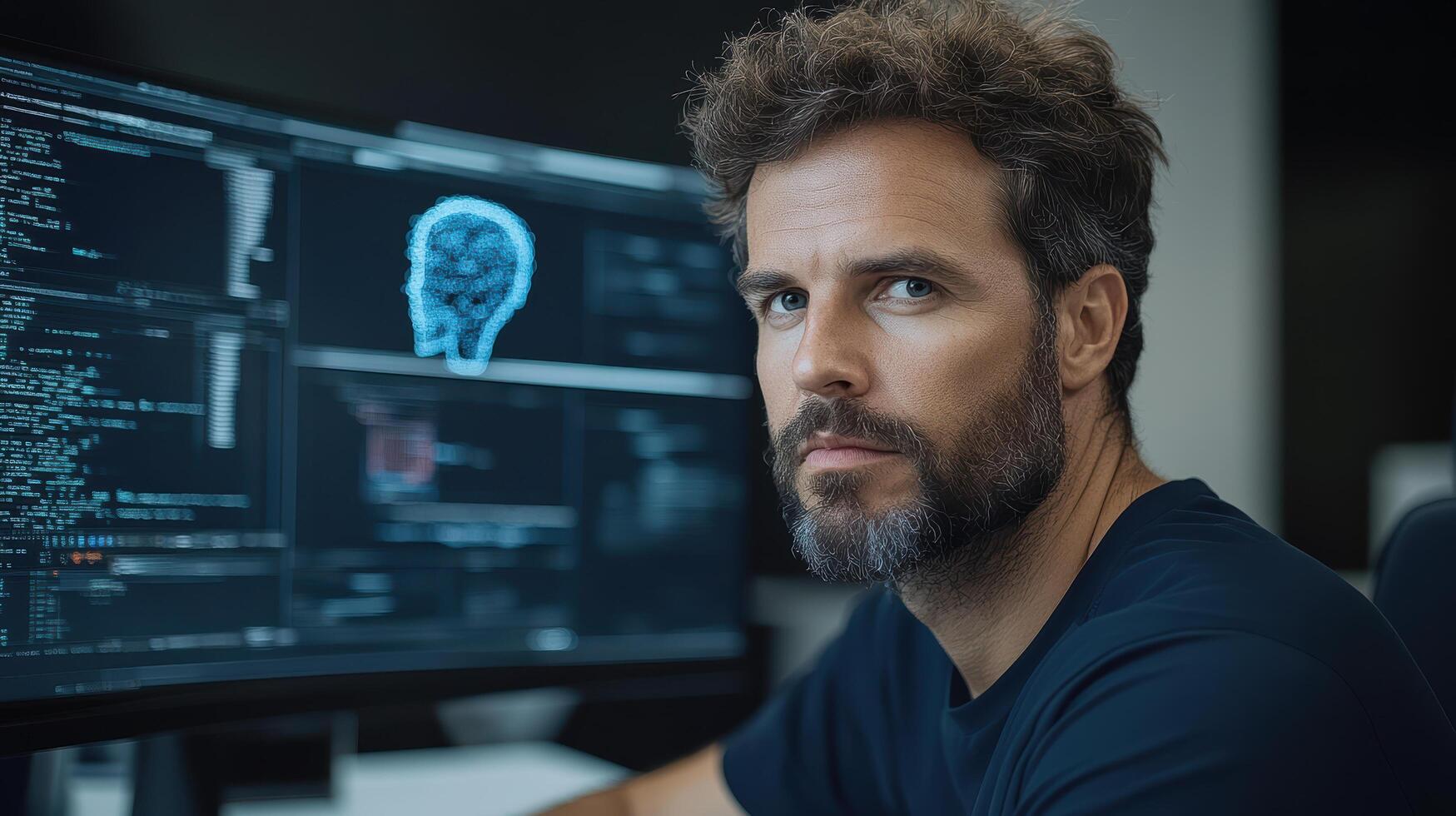 focused individual working advanced technology, surrounded by screens displaying code and AI photo