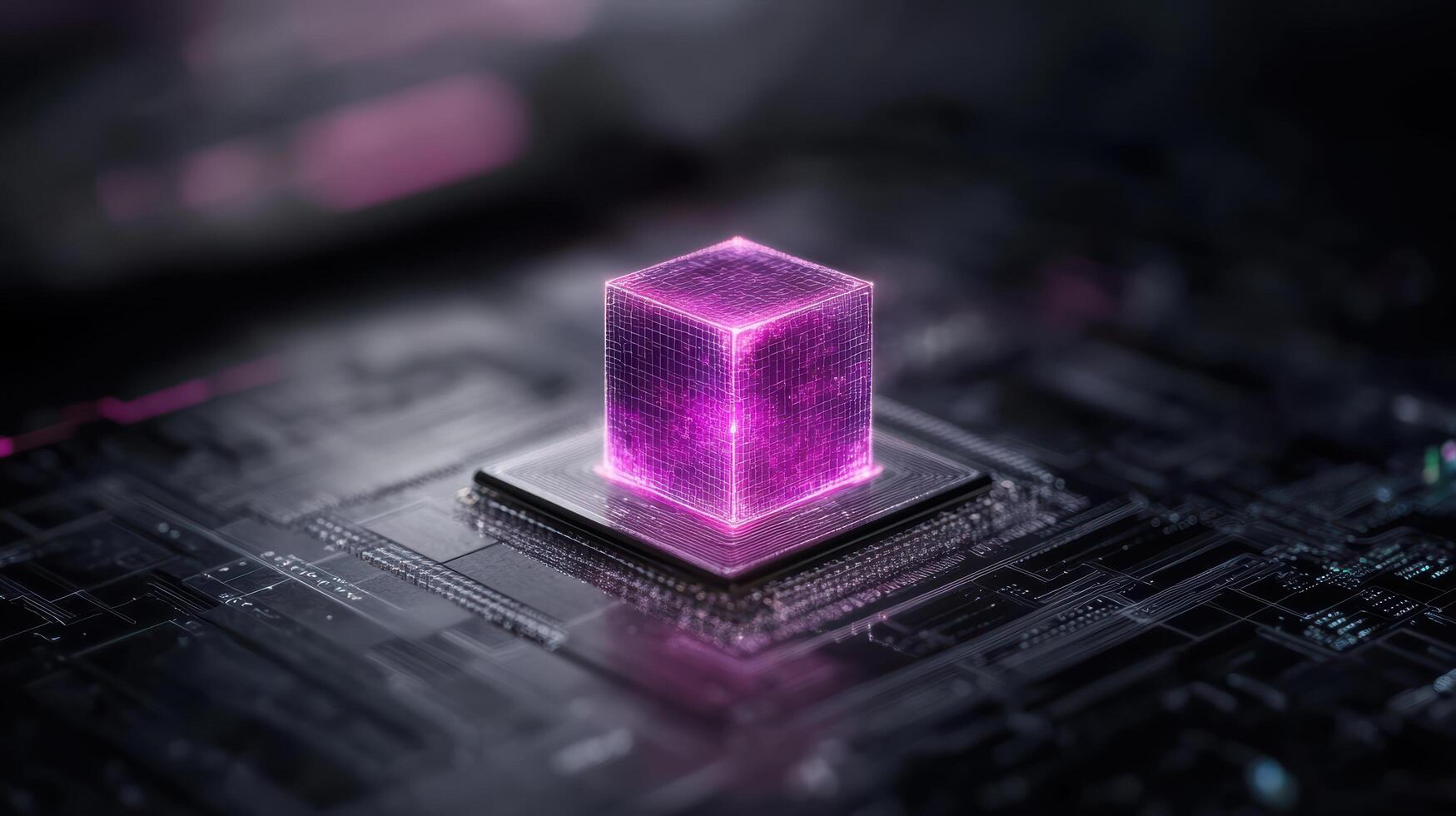 futuristic digital cube glowing pink sits circuit board, symbolizing advanced technology and photo