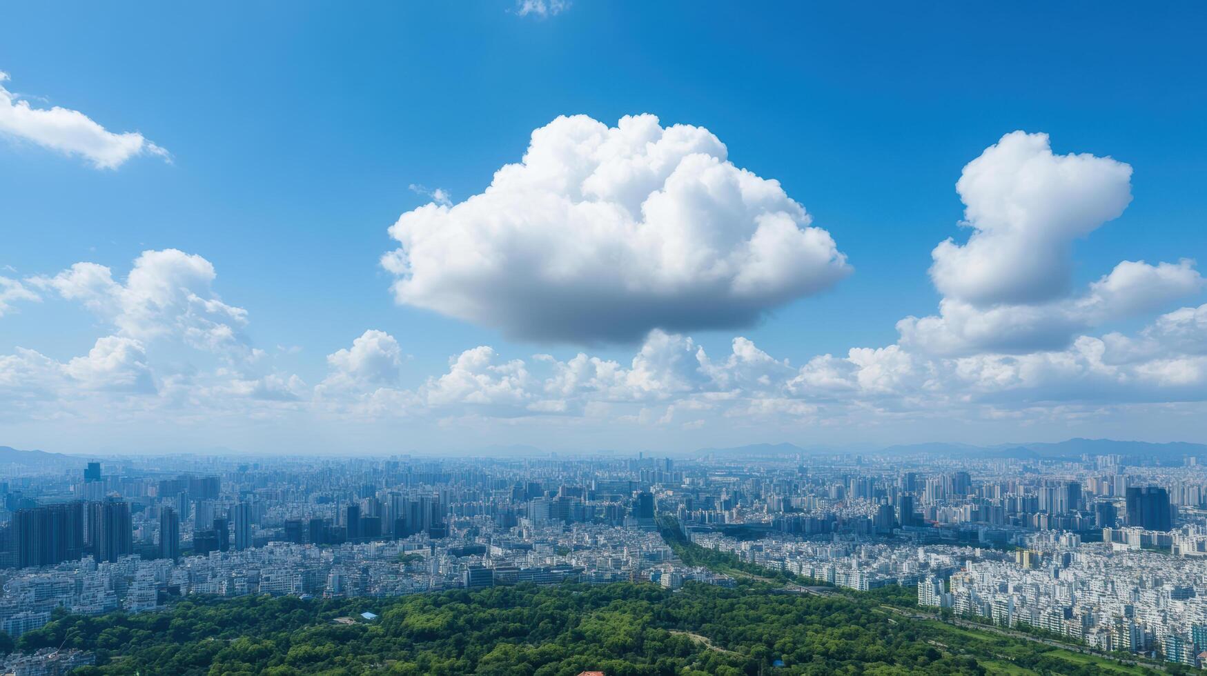 panoramic view of vibrant cityscape bright blue sky with fluffy clouds, showcasing urban photo