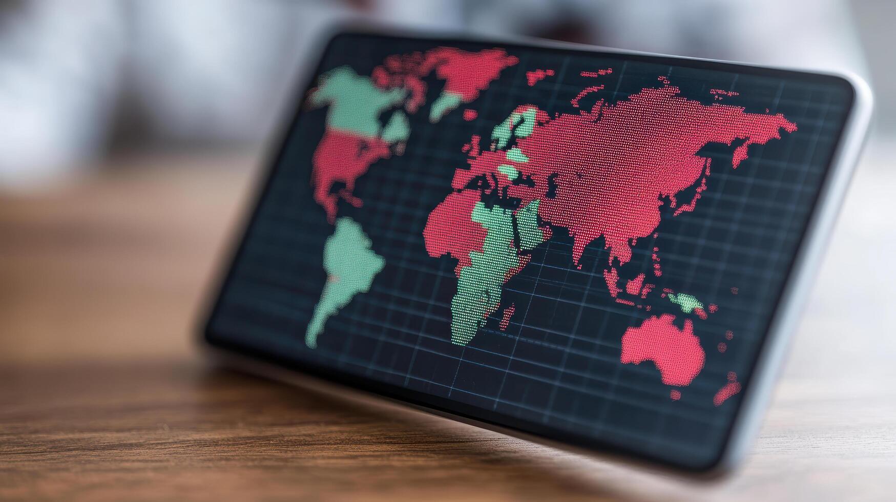 digital world map displayed tablet, showcasing countries red and green, symbolizes global data photo