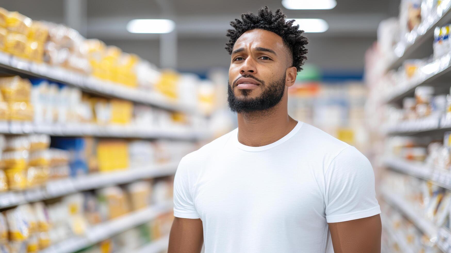thoughtful shopper in grocery aisle, contemplating choices and prices photo