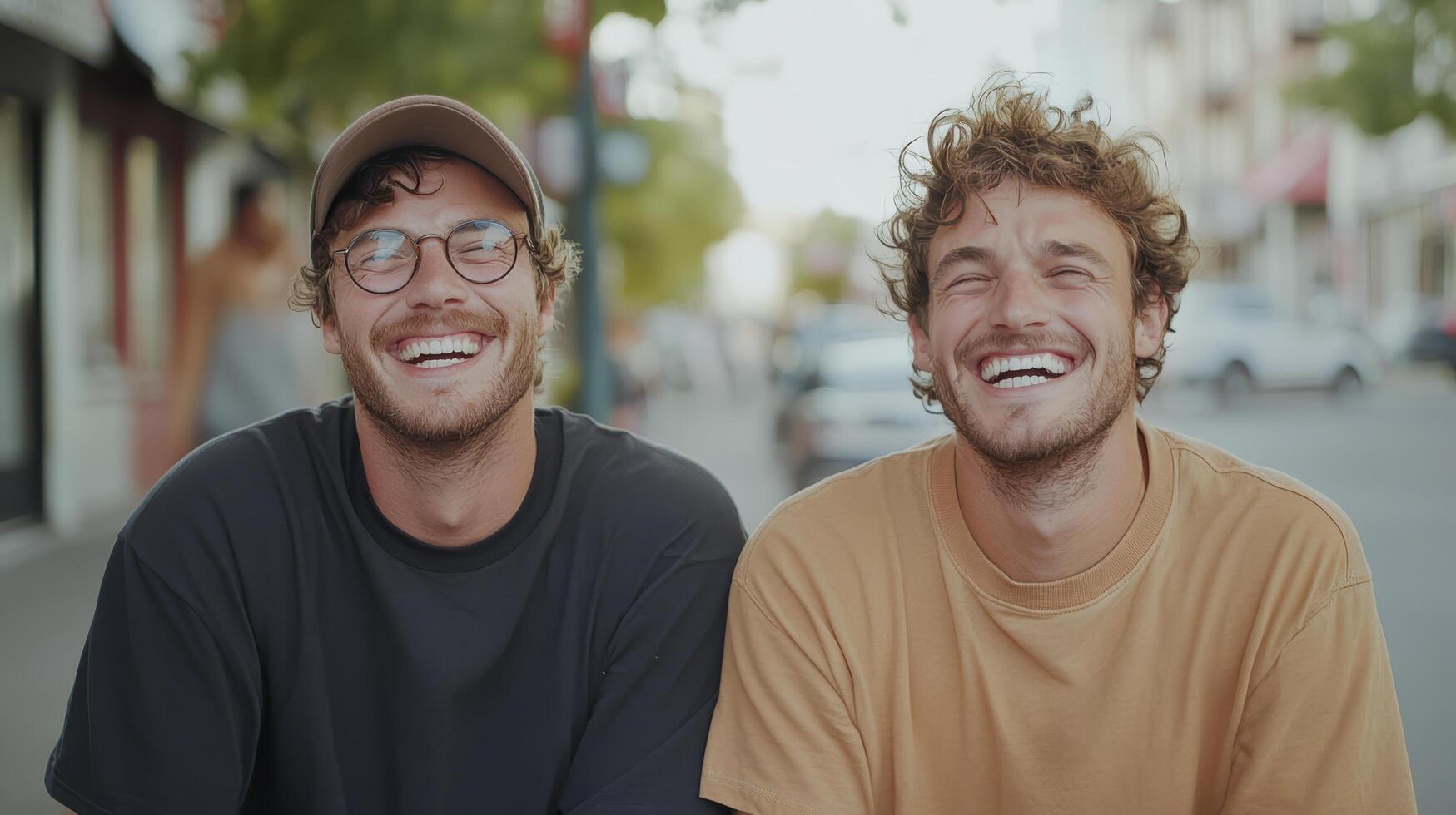 Joyful friends sharing laugh outdoors, capturing moment of happiness and connection photo