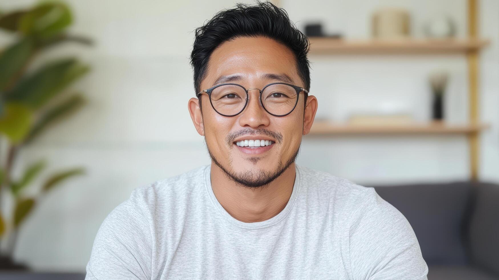 Smiling man wearing glasses in casual setting, exuding warmth and approachability photo
