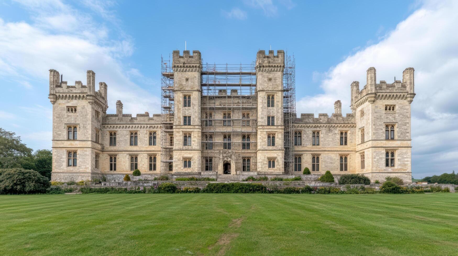 Majestic castle undergoing careful restoration, showcasing its historical architecture and photo