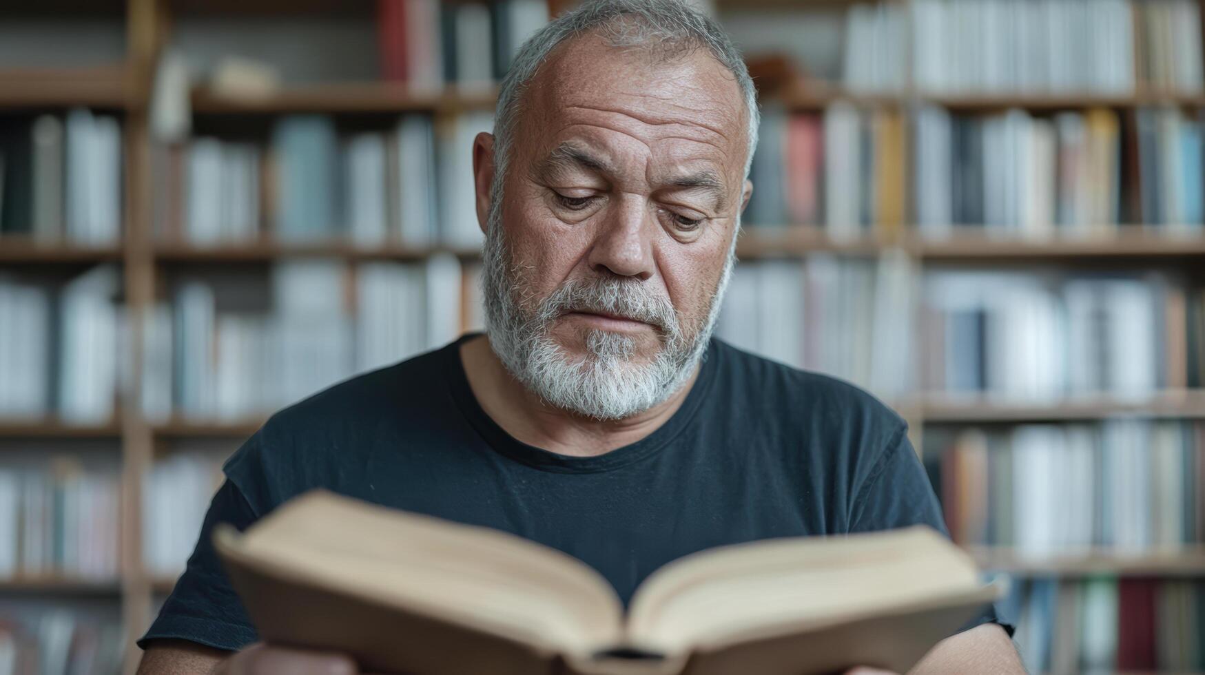 man reading old book in library, deeply focused and contemplative photo