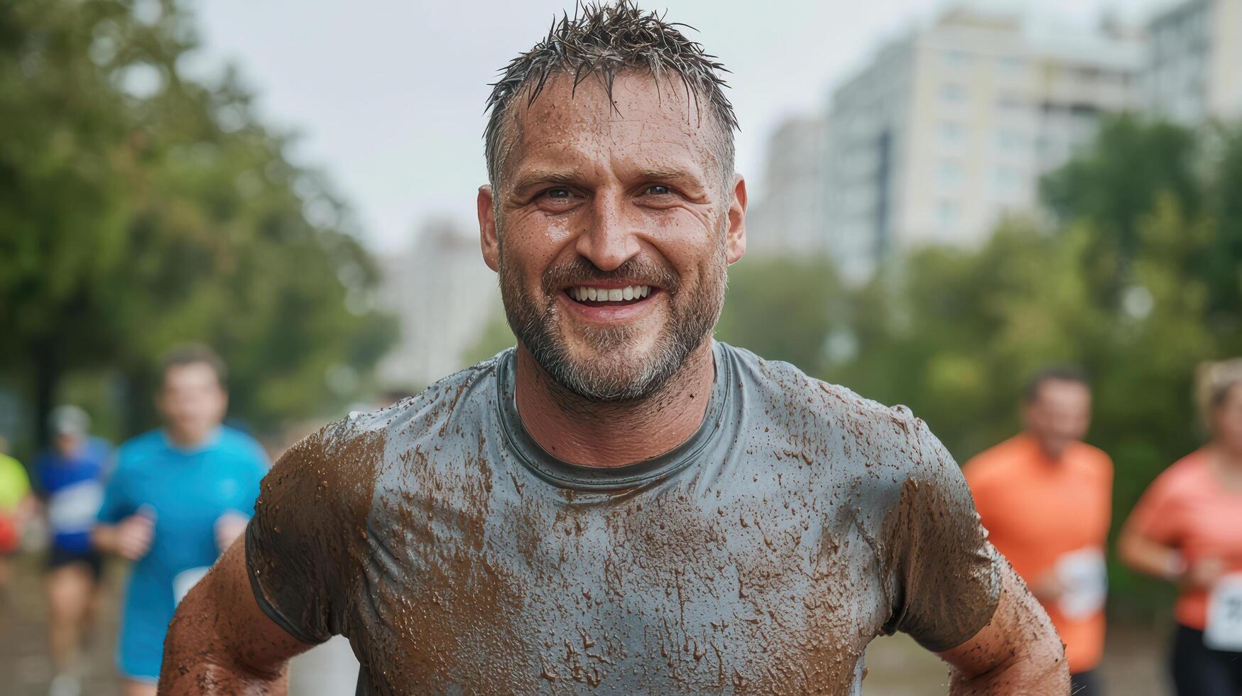 Drenched in sweat, determined runner smiles after completing challenging marathon photo