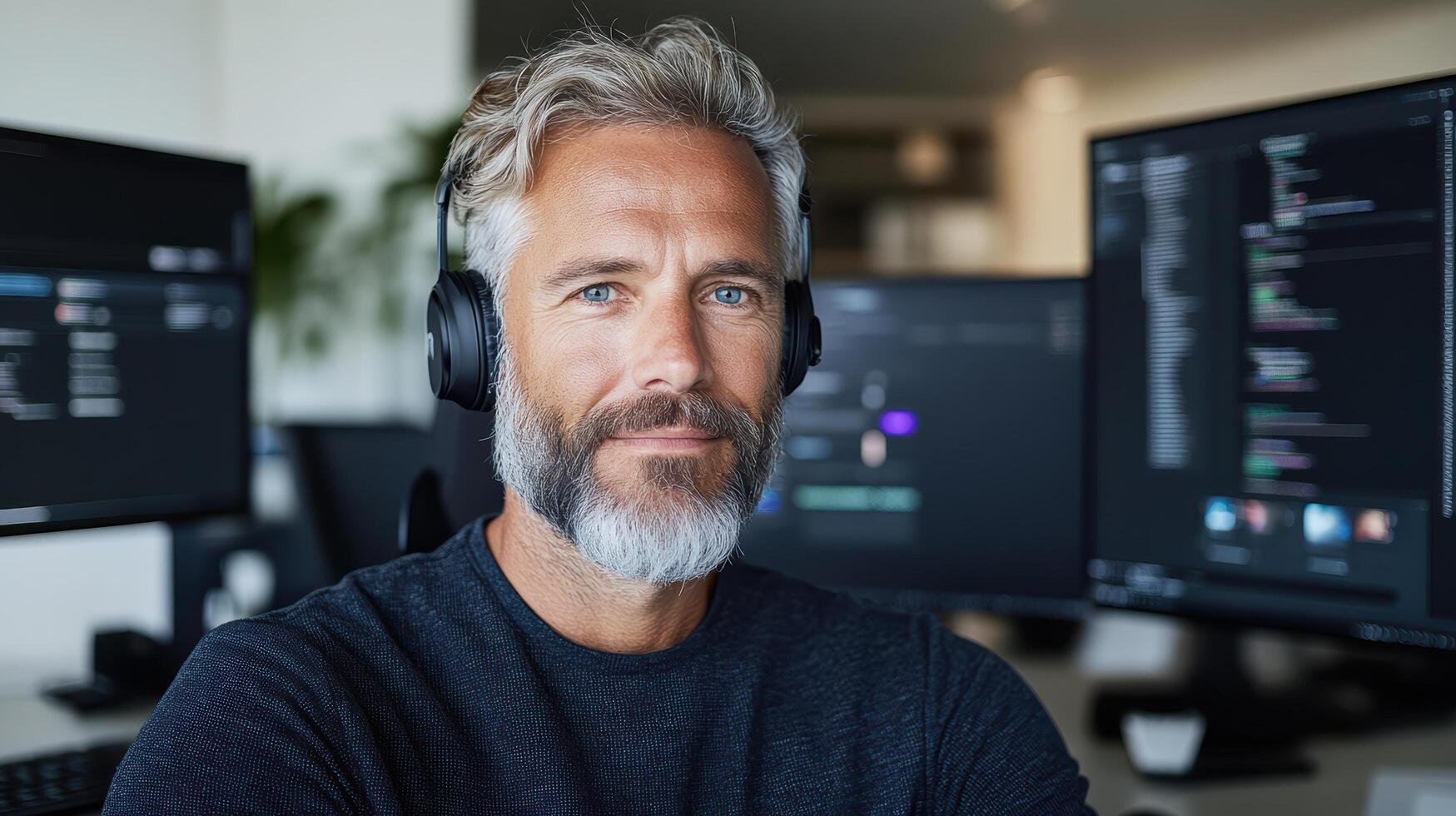 Focused professional with headphones working on multiple computer screens photo