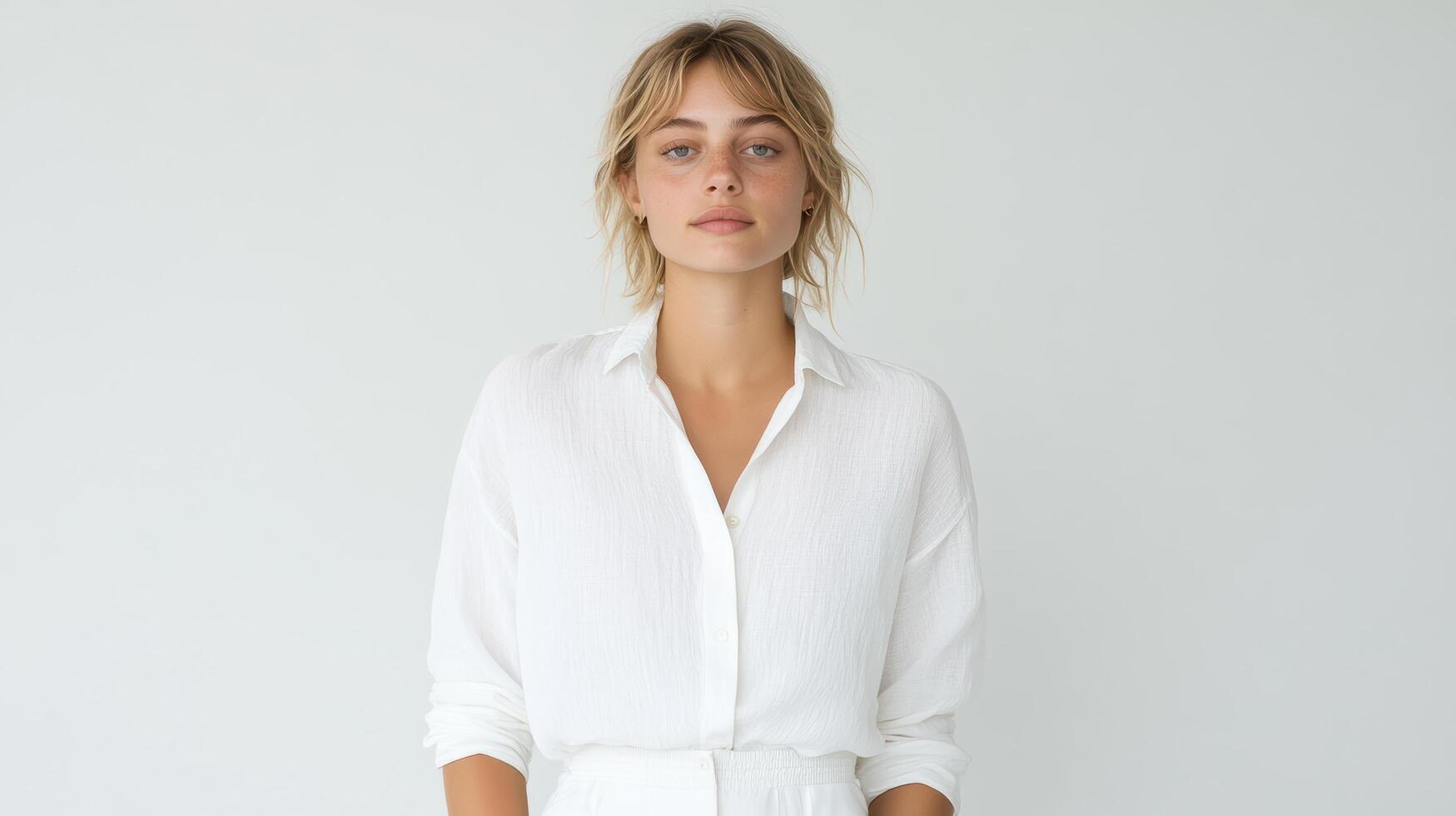 Minimalist fashion portrait in clean white studio, showcasing elegance and simplicity photo