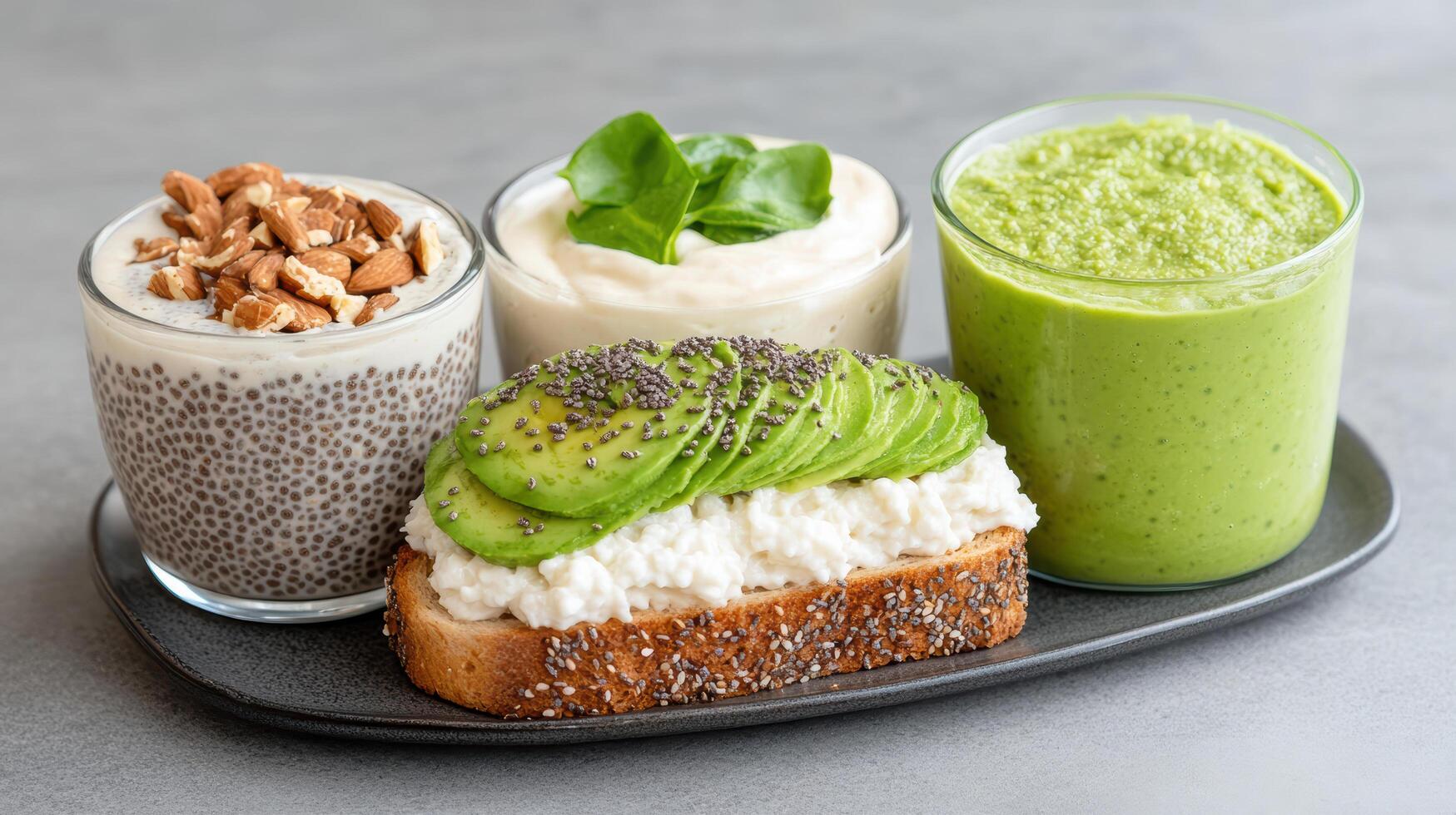 Delicious modern breakfast spread featuring avocado toast, chia pudding, and green smoothie photo