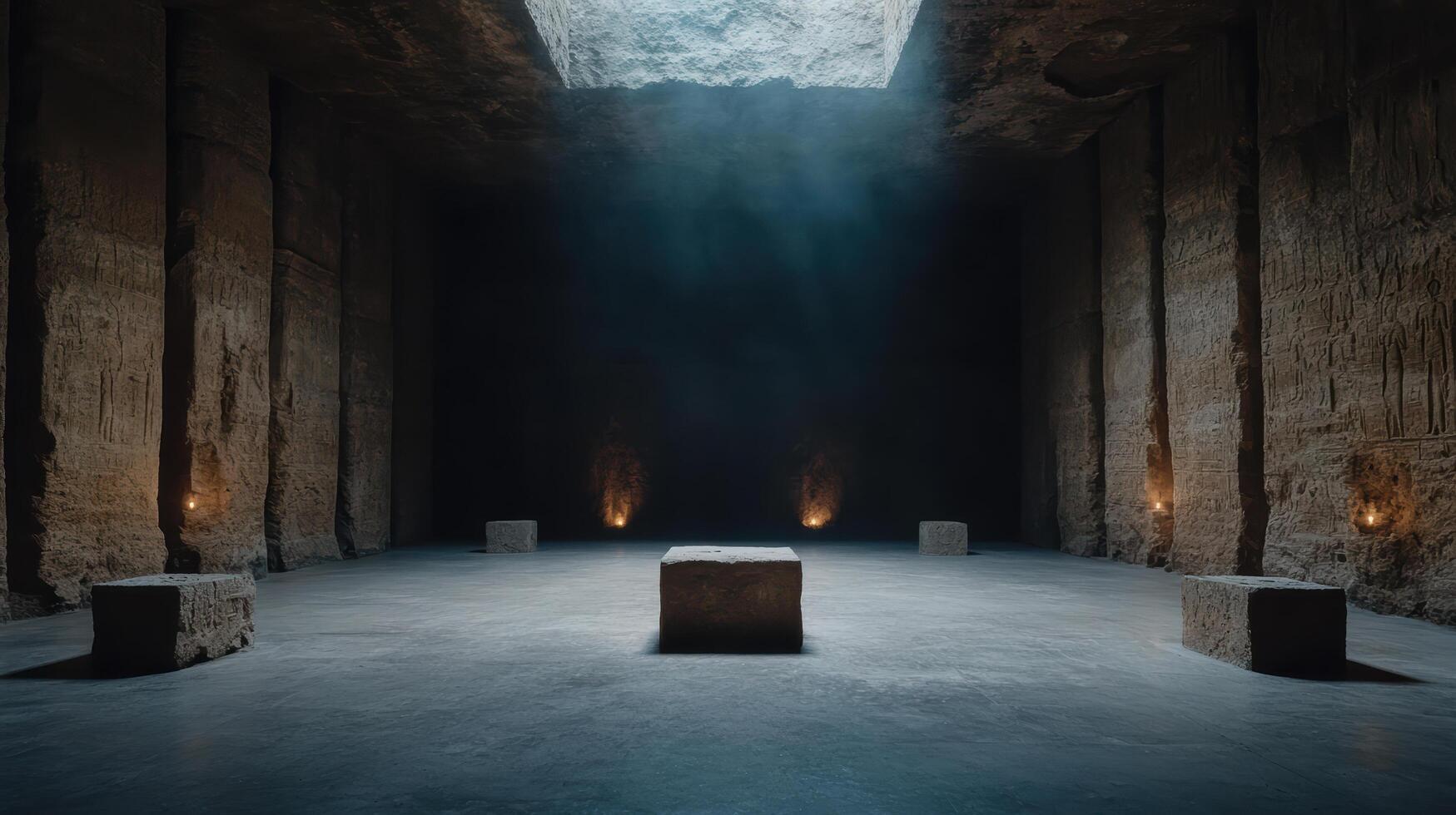 mystical underground temple chamber with soft illumination and ancient stone walls creates photo