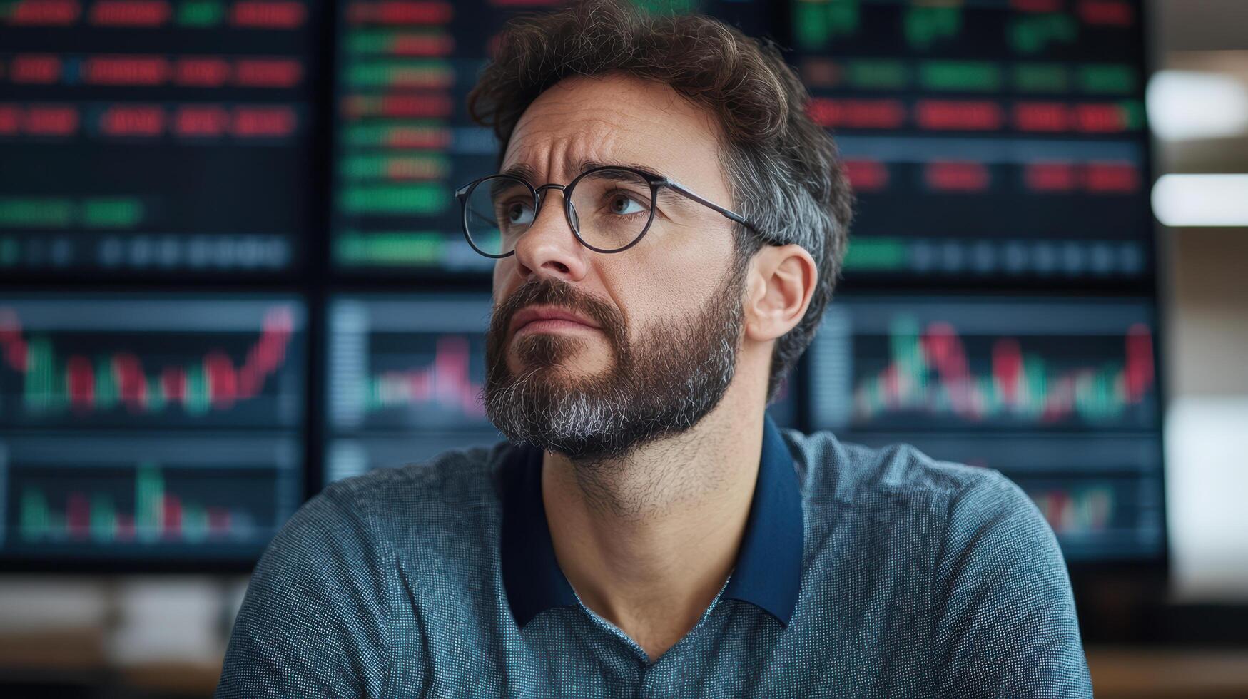 Focused man analyzing financial data in modern office environment, reflecting on market trends photo