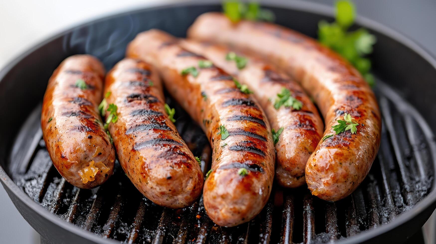 Grilled sausages with herbs create mouthwatering aroma and delicious flavor photo
