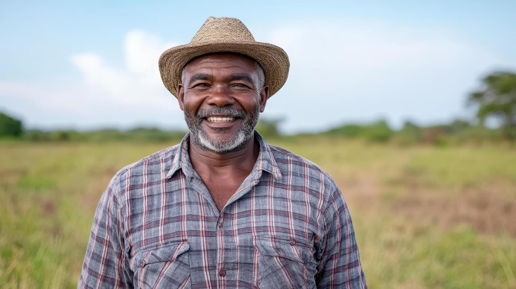joyful farmer wearing straw hat smiles in lush green field under clear sky photo