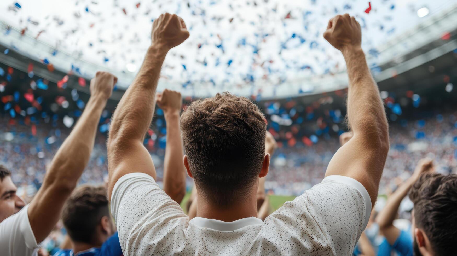 Celebrating fans in stadium with confetti, showcasing excitement and joy photo