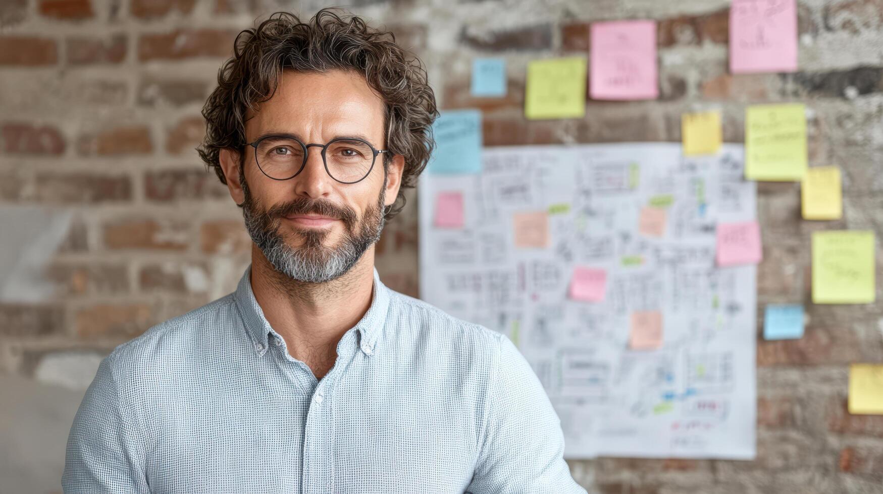 Collaborative workspace with confident man, wearing glasses, smiling in front of wall of notes photo
