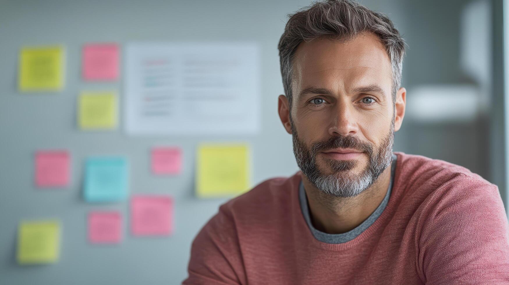 confident man with beard is smiling, sitting modern office with colorful sticky notes background photo