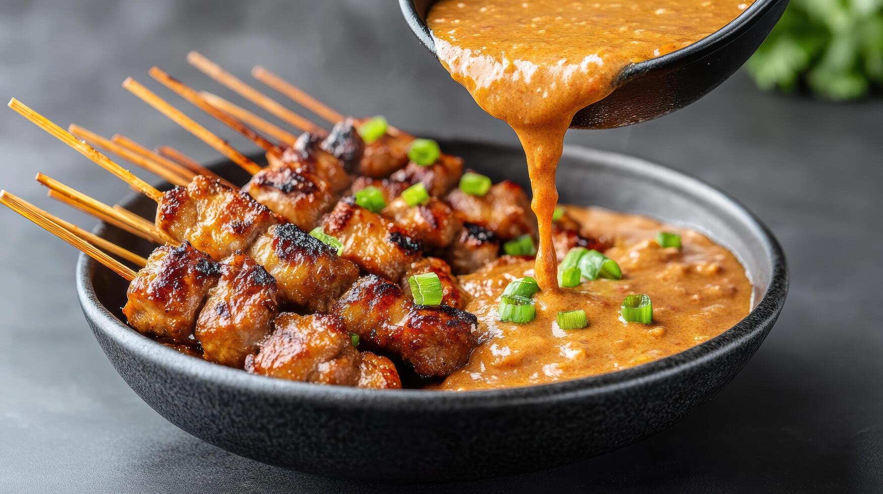 steaming bowl of spicy sauce poured over grilled skewers, creating delicious meal photo