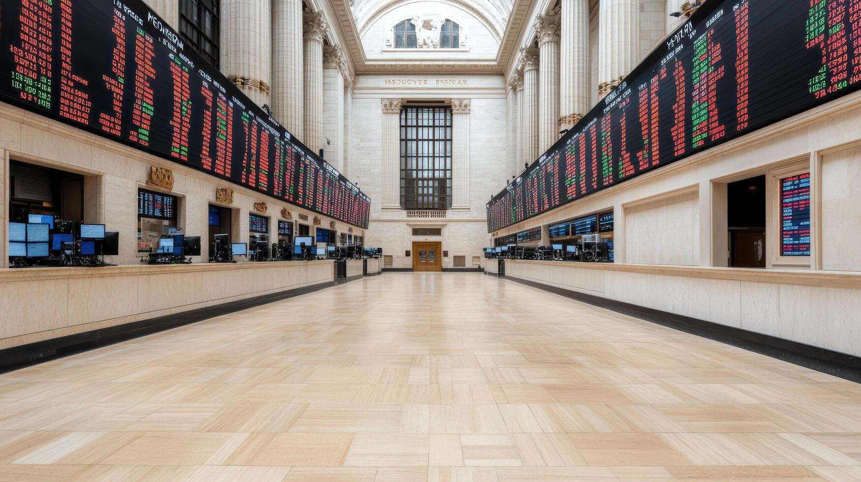 bustling stock exchange trading floor with global tickers displaying market data and activity photo