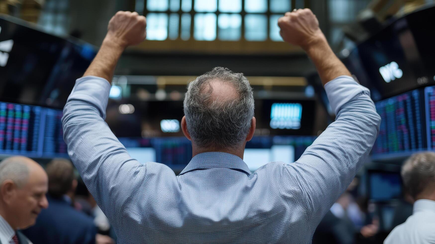 trader celebrates successful trade with raised arms in bustling stock exchange photo