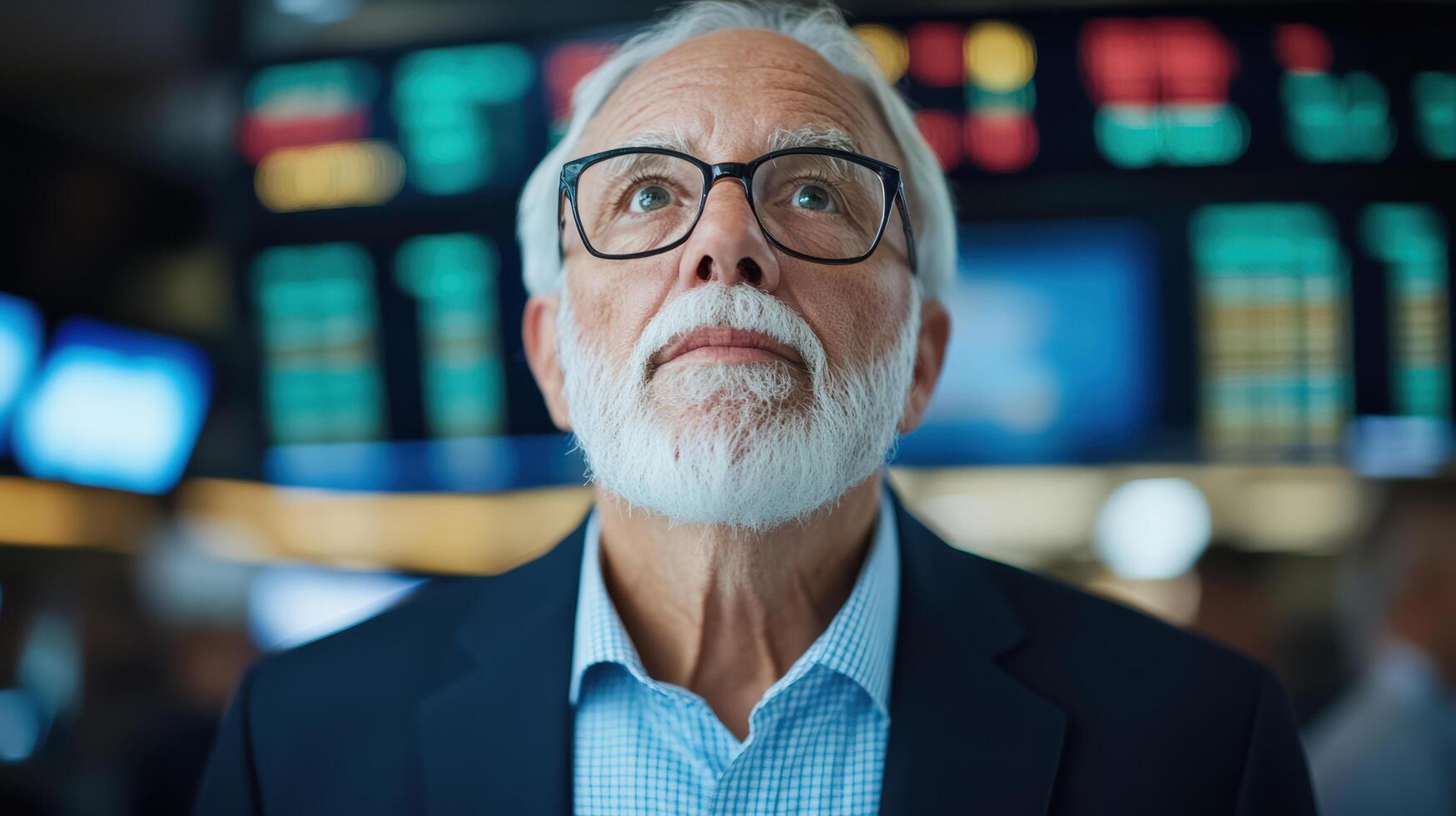Focused trader observing market trends with thoughtful expression bustling trading environment photo
