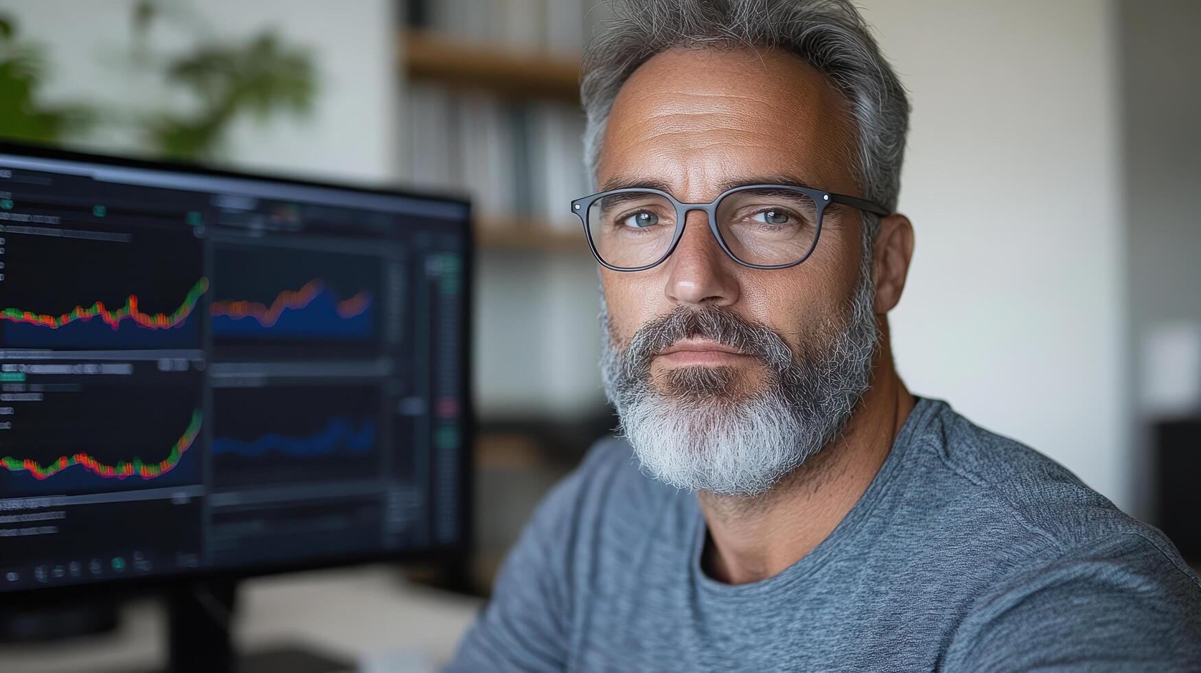 Professional trader analyzing financial data computer screen, showcasing focus and determination photo