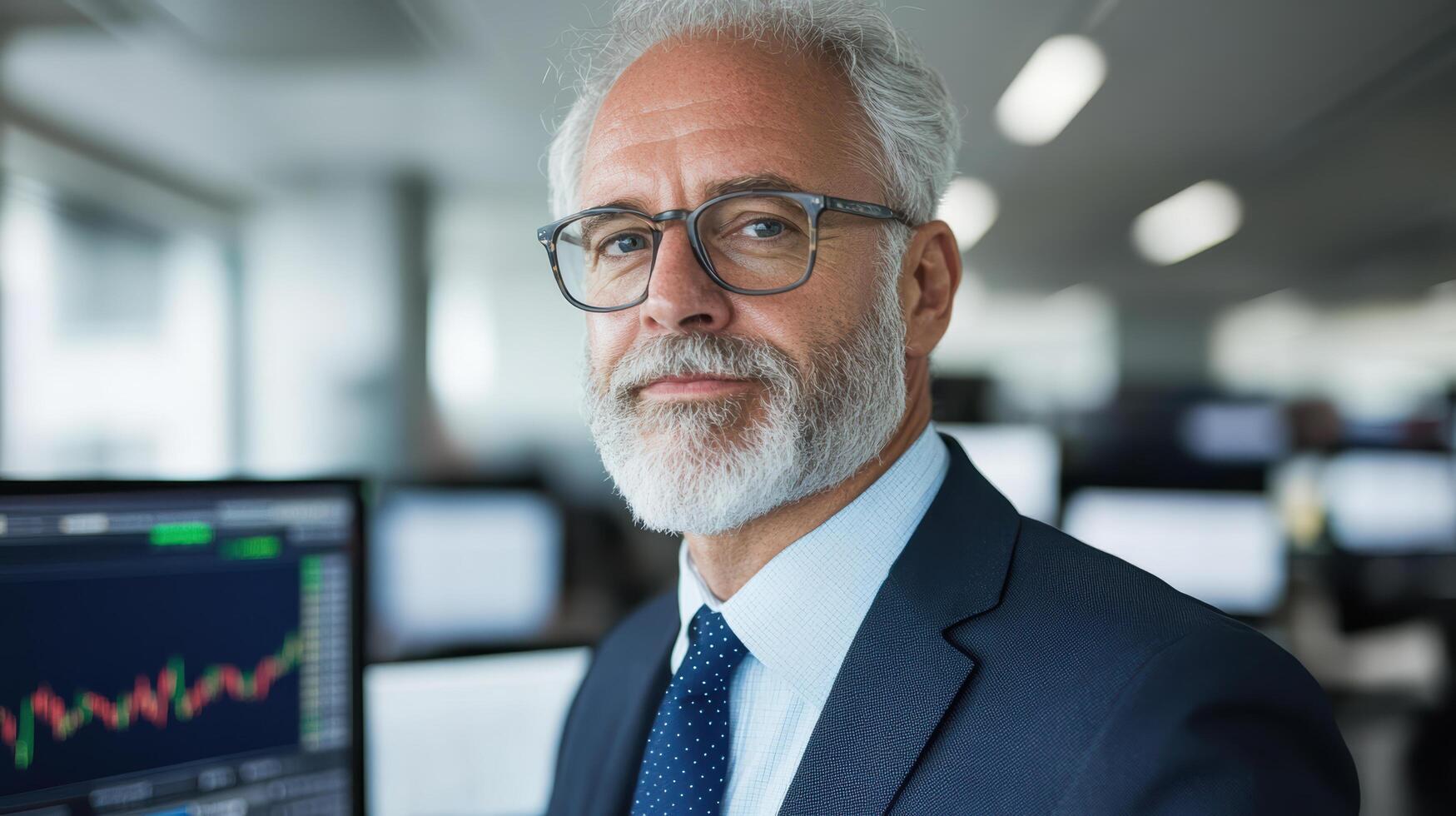 Experienced stockbroker in modern office, confidently analyzing market trends photo