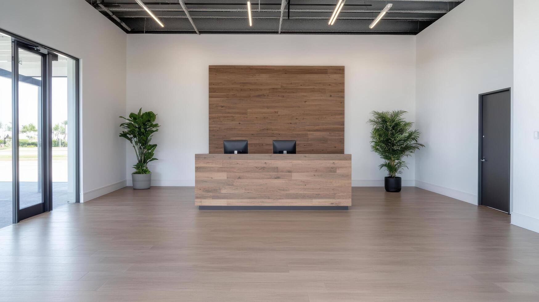 Modern office lobby with wooden reception desk and plants photo