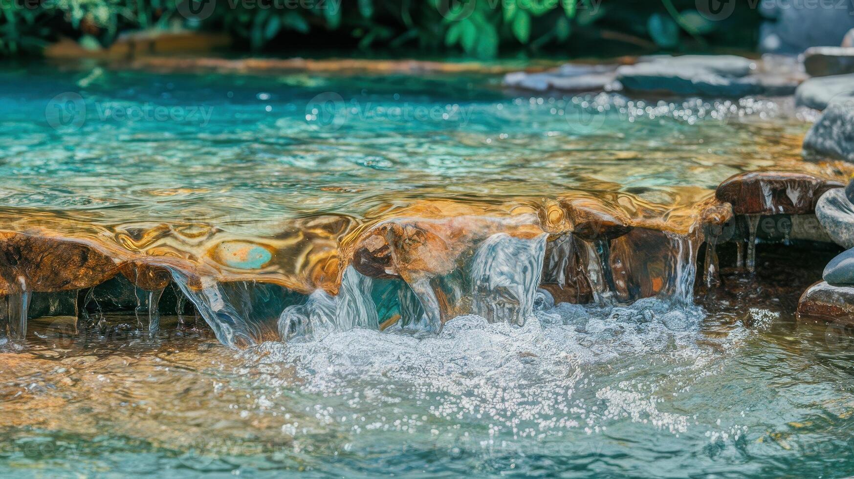 A waterfall in a pool with rocks and water photo