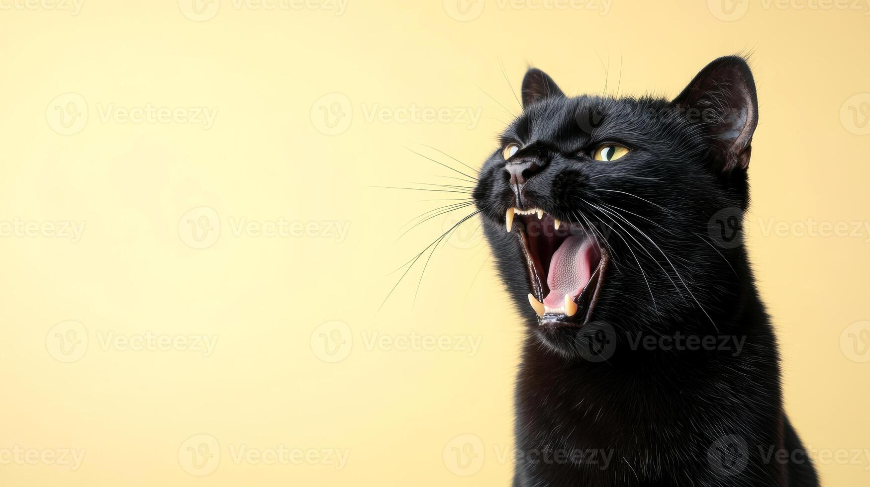 Yawning black cat against a yellow background showcasing sharp fangs and expressive eyes photo
