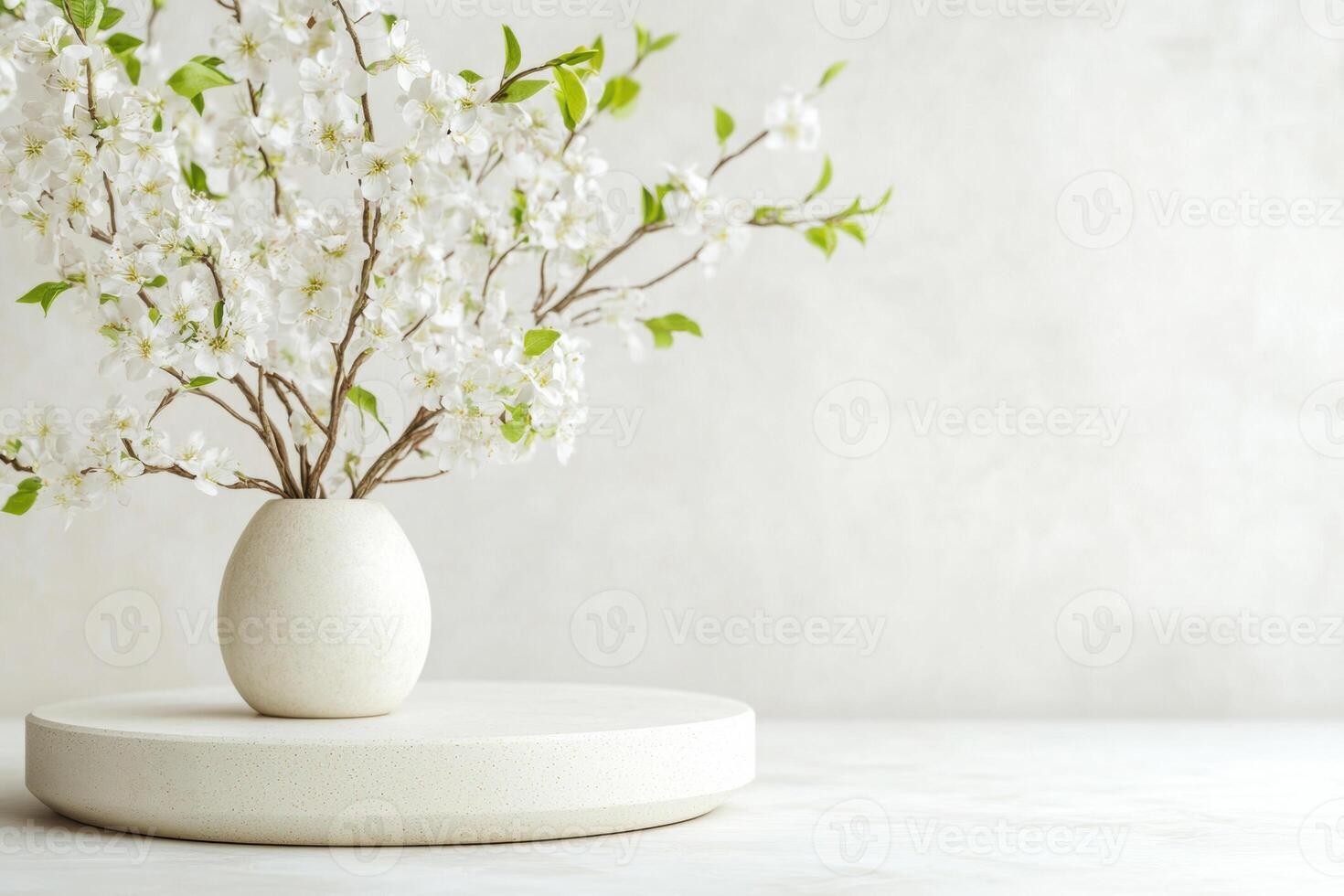 Elegant white blossoms in minimalist vase on soft textured background photo