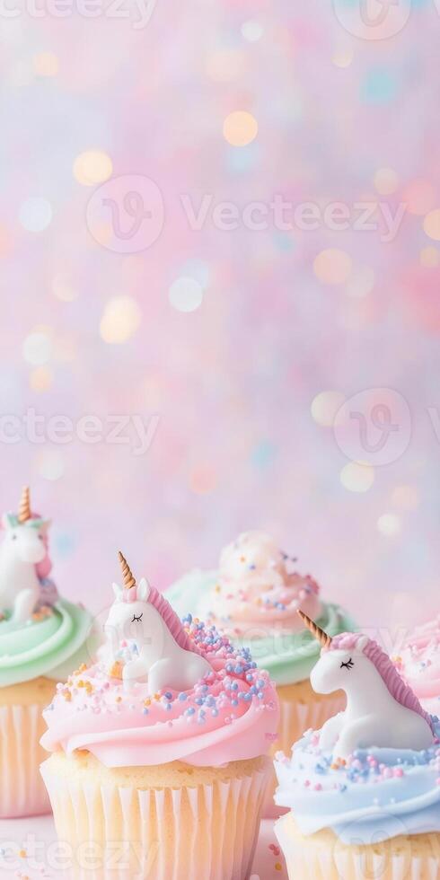 Whimsical unicorn themed cupcakes with pastel frosting and sprinkles on glittery background photo