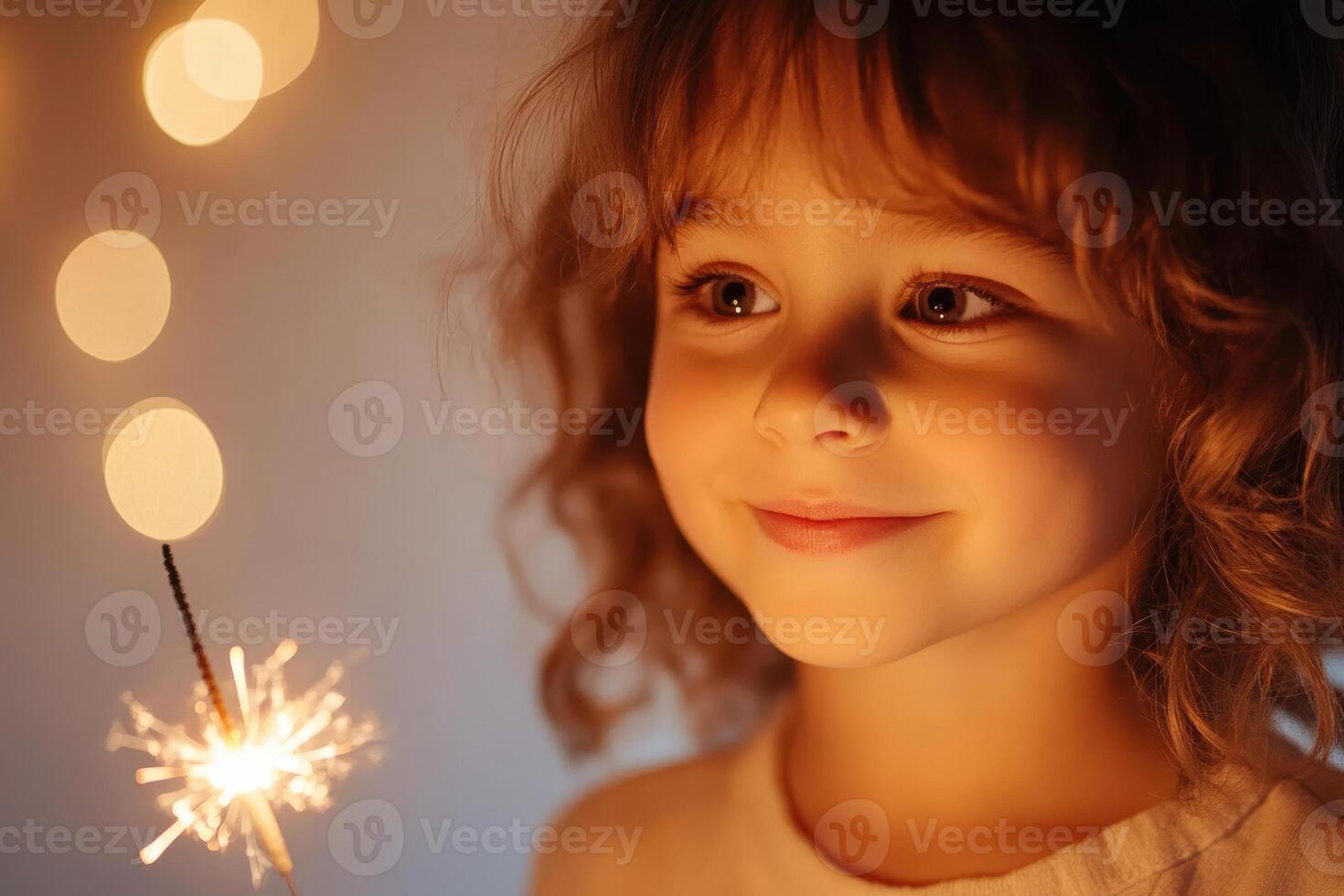 Joyful child with curly hair admiring the warm glow of a sparkler in a cozy setting photo