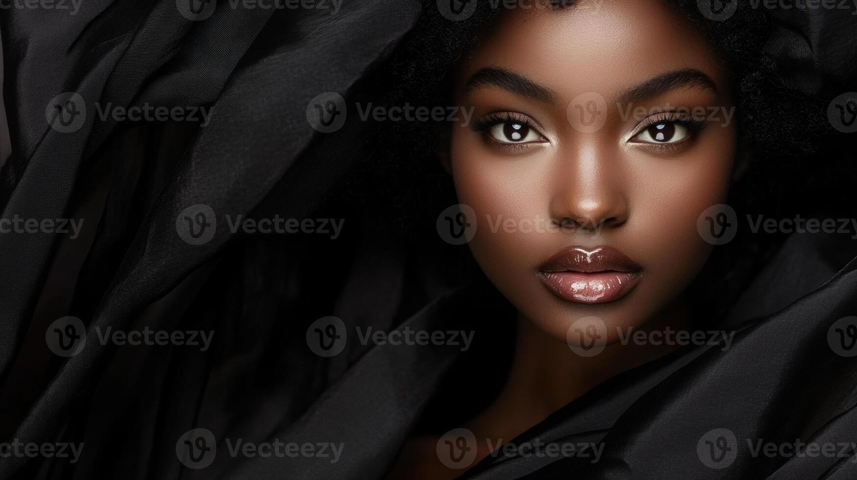 Enigmatic Beauty of an African Young Female with Ethereal Black Fabric photo