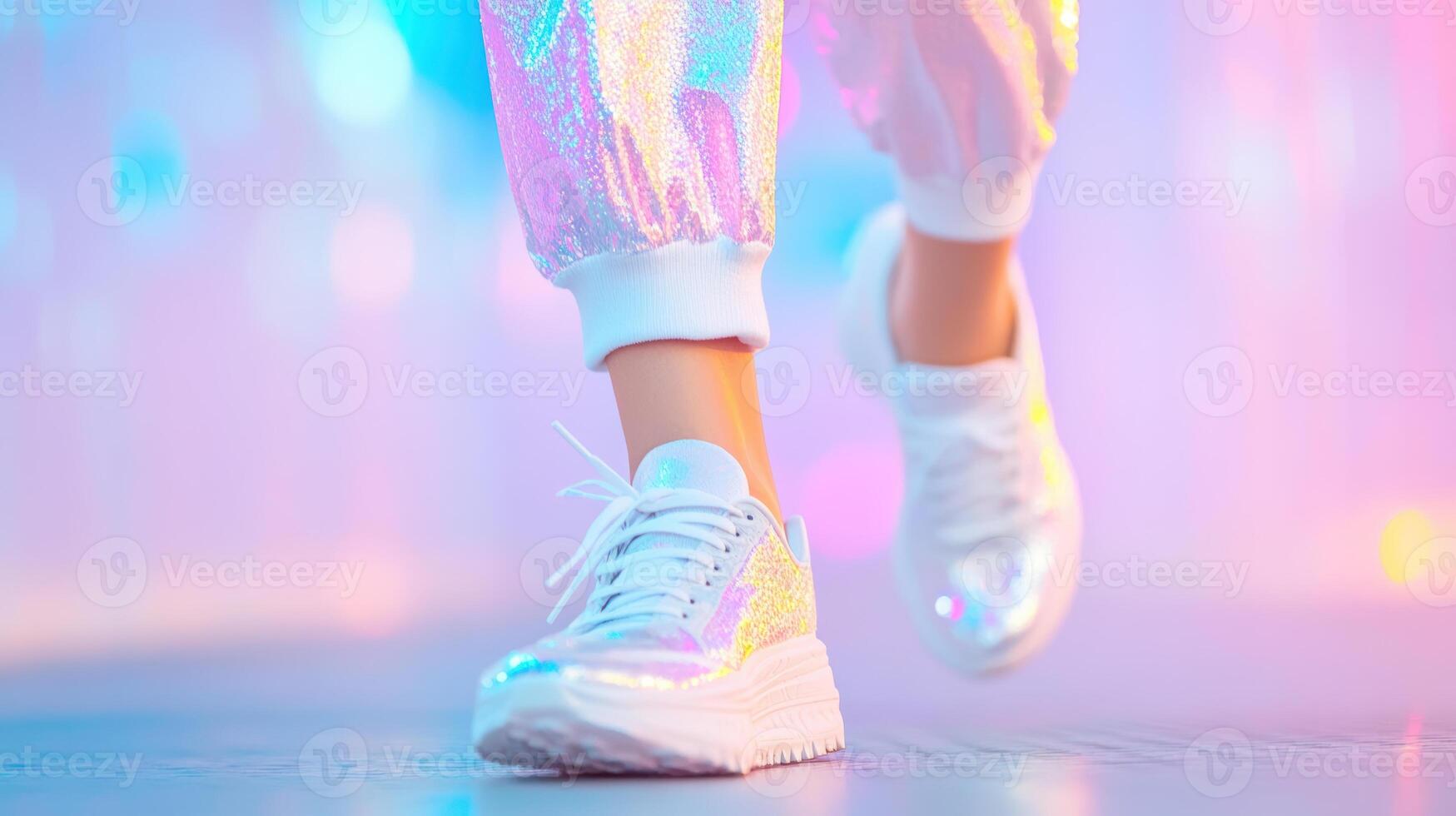 Stylish sneakers on trendy female in sparkling outfit walking on vibrant neon lit street photo