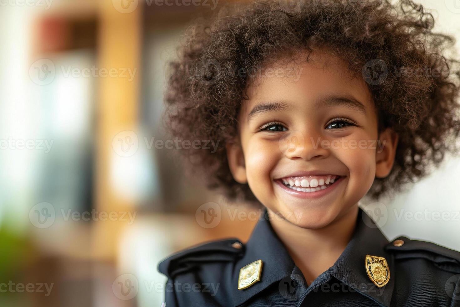 Smiling African American Child Pretending to be a Police Officer in Uniform photo