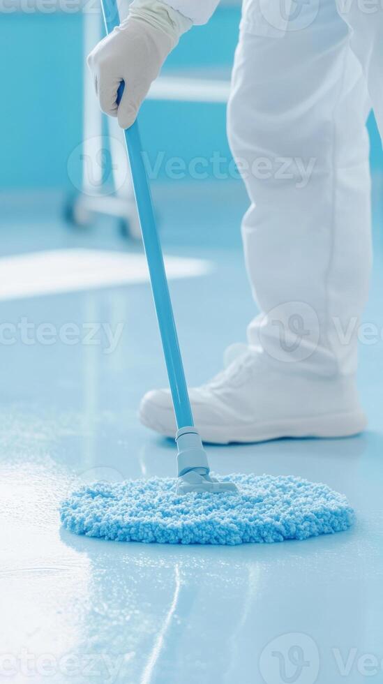 Person cleaning a pristine floor with a blue mop in a sterile environment photo