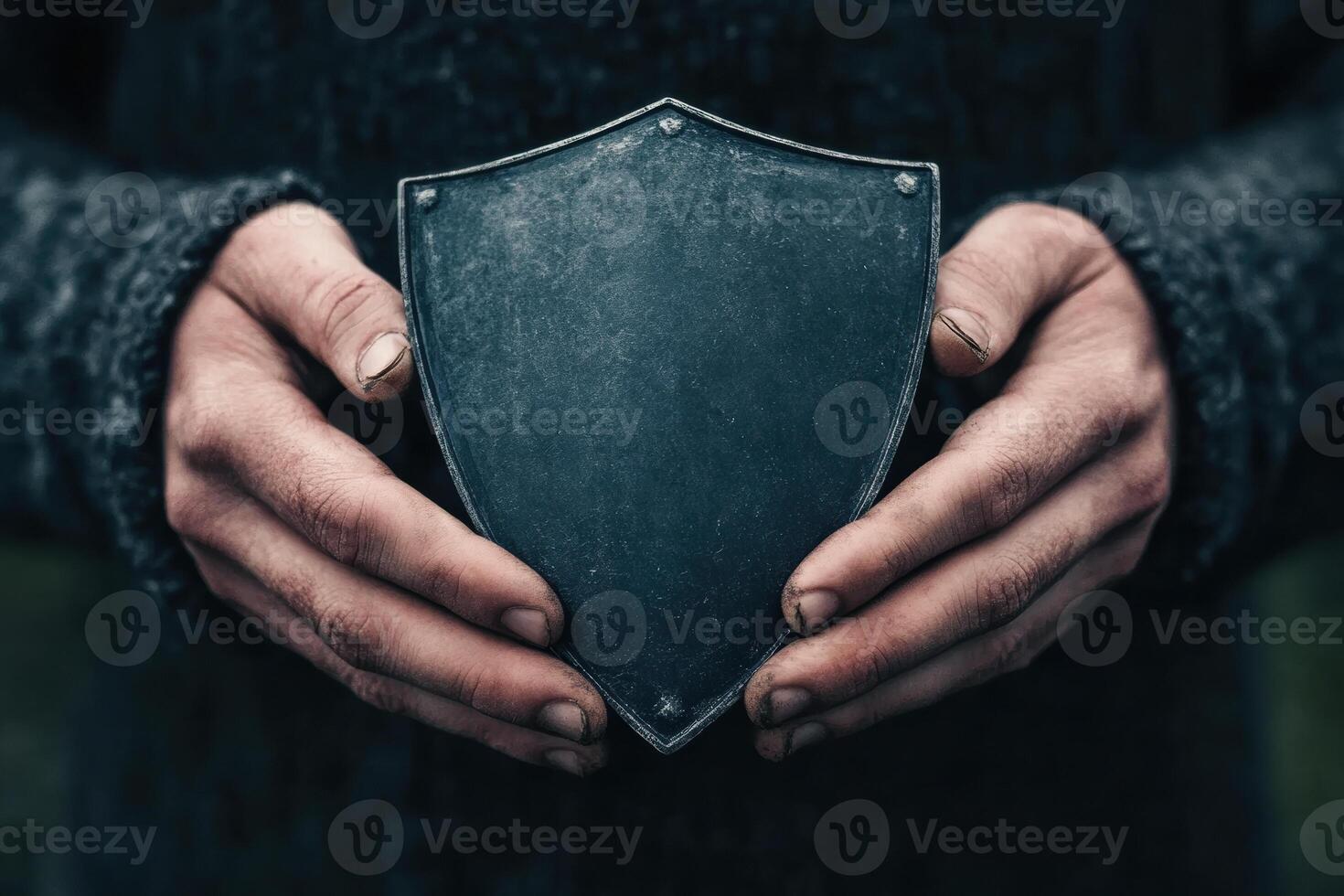 Weathered Hands Holding Blank Medieval Shield in Dark Setting photo