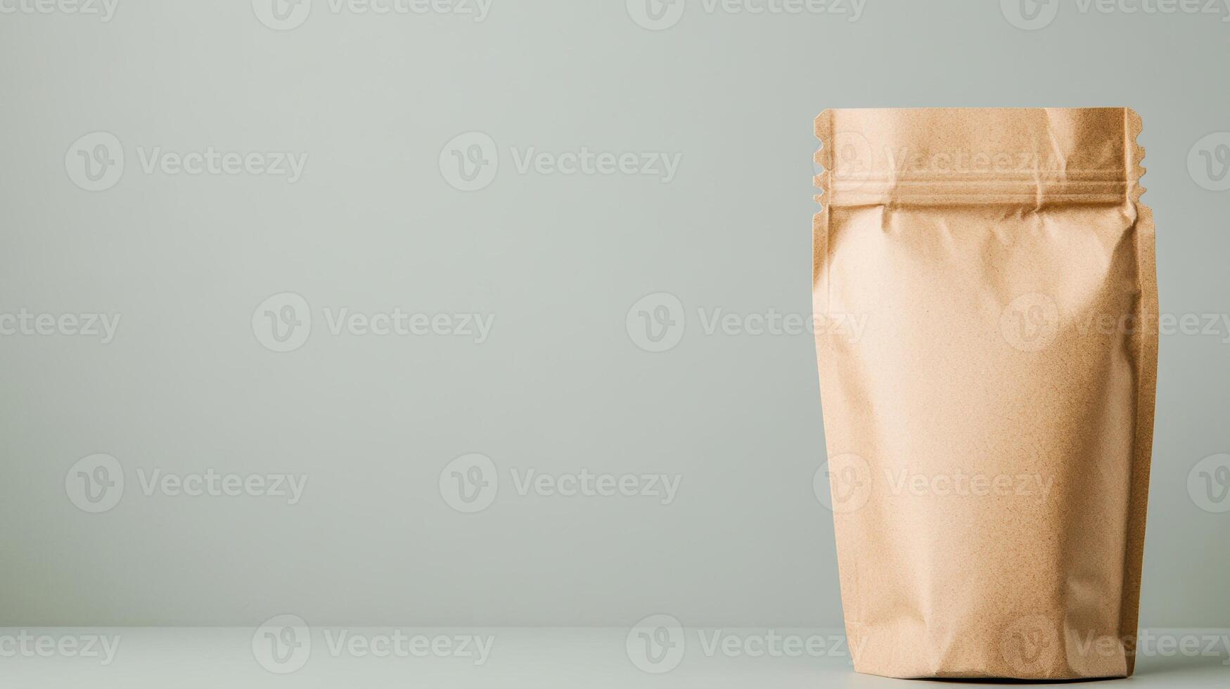 Eco friendly brown paper pouch on minimalist background for sustainable packaging concept photo