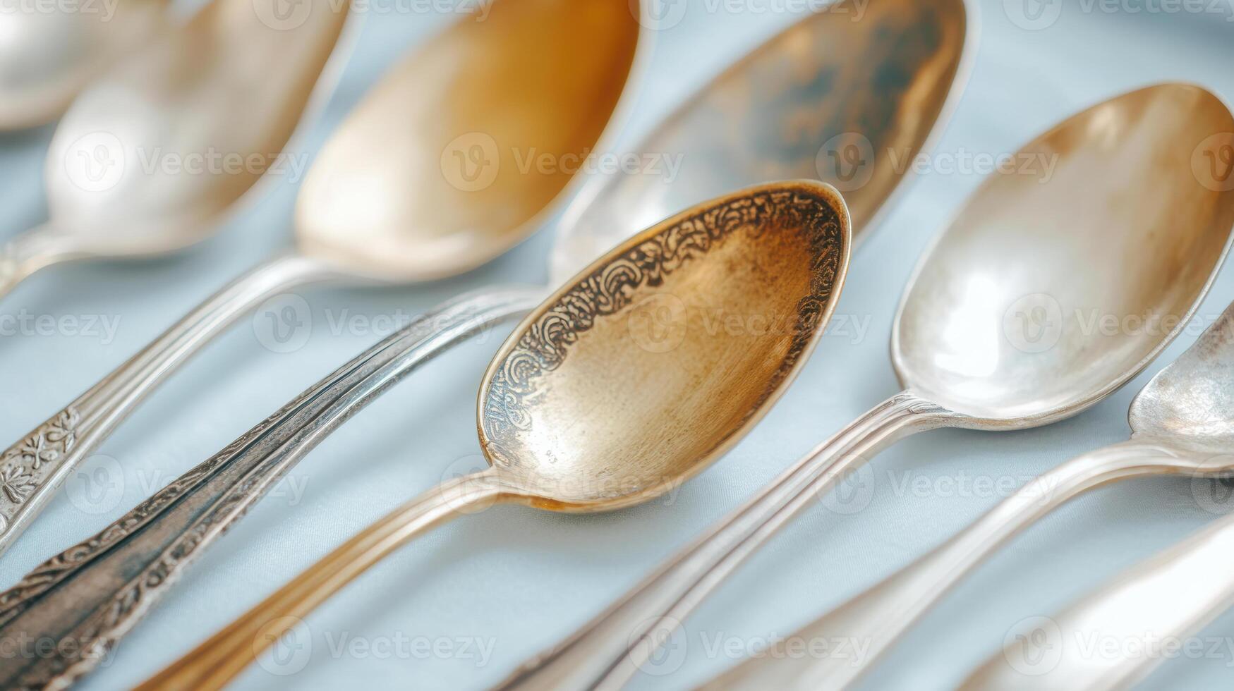 Collection of vintage silver spoons with ornate designs displayed in soft light photo