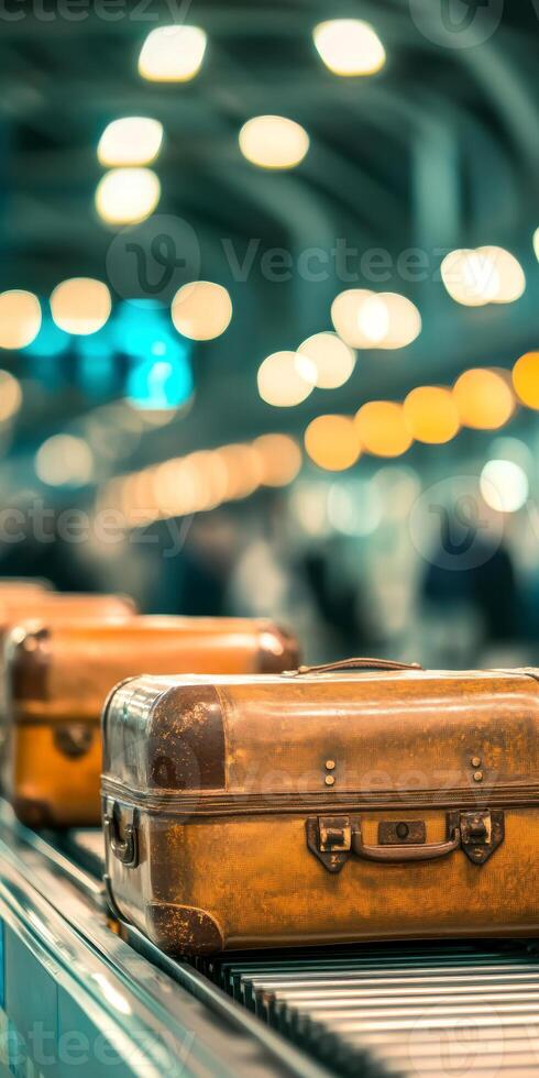 Vintage suitcase on airport luggage conveyor in brightly lit terminal setting photo