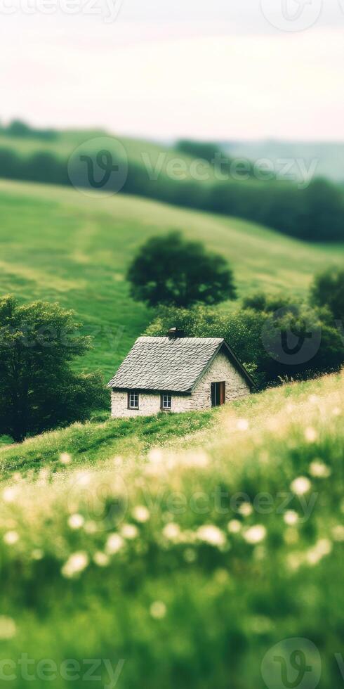 Serene countryside landscape with small cottage nestled in lush green hills under soft summer light photo